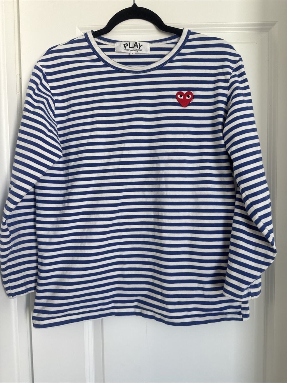 Comme Des Garcons PLAY Shirt Mens L Blue White Striped Heart Logo Long Sleeve